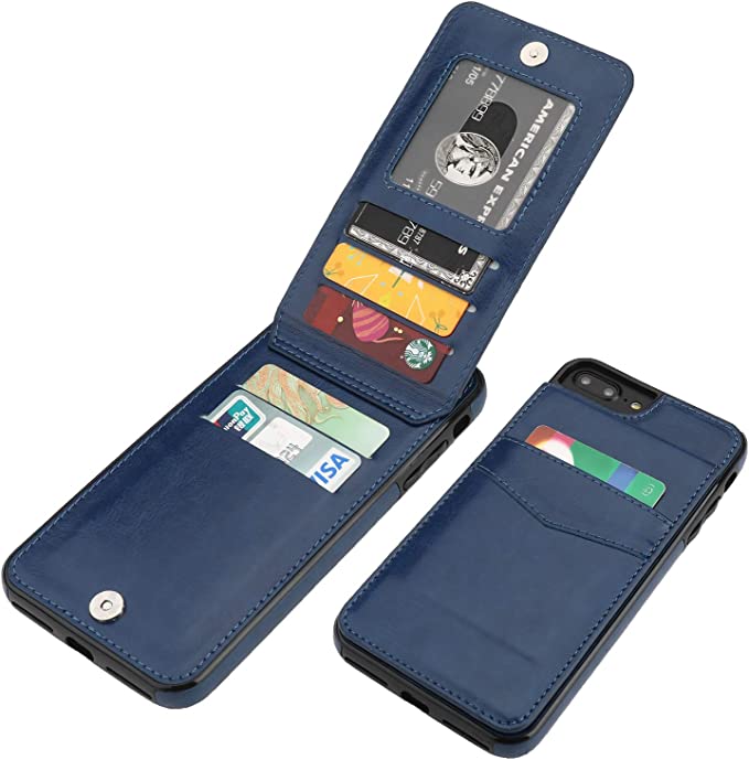 Blue Leather Wallet Case for iPhone 7 Plus 8 Plus with Card Holder P88710