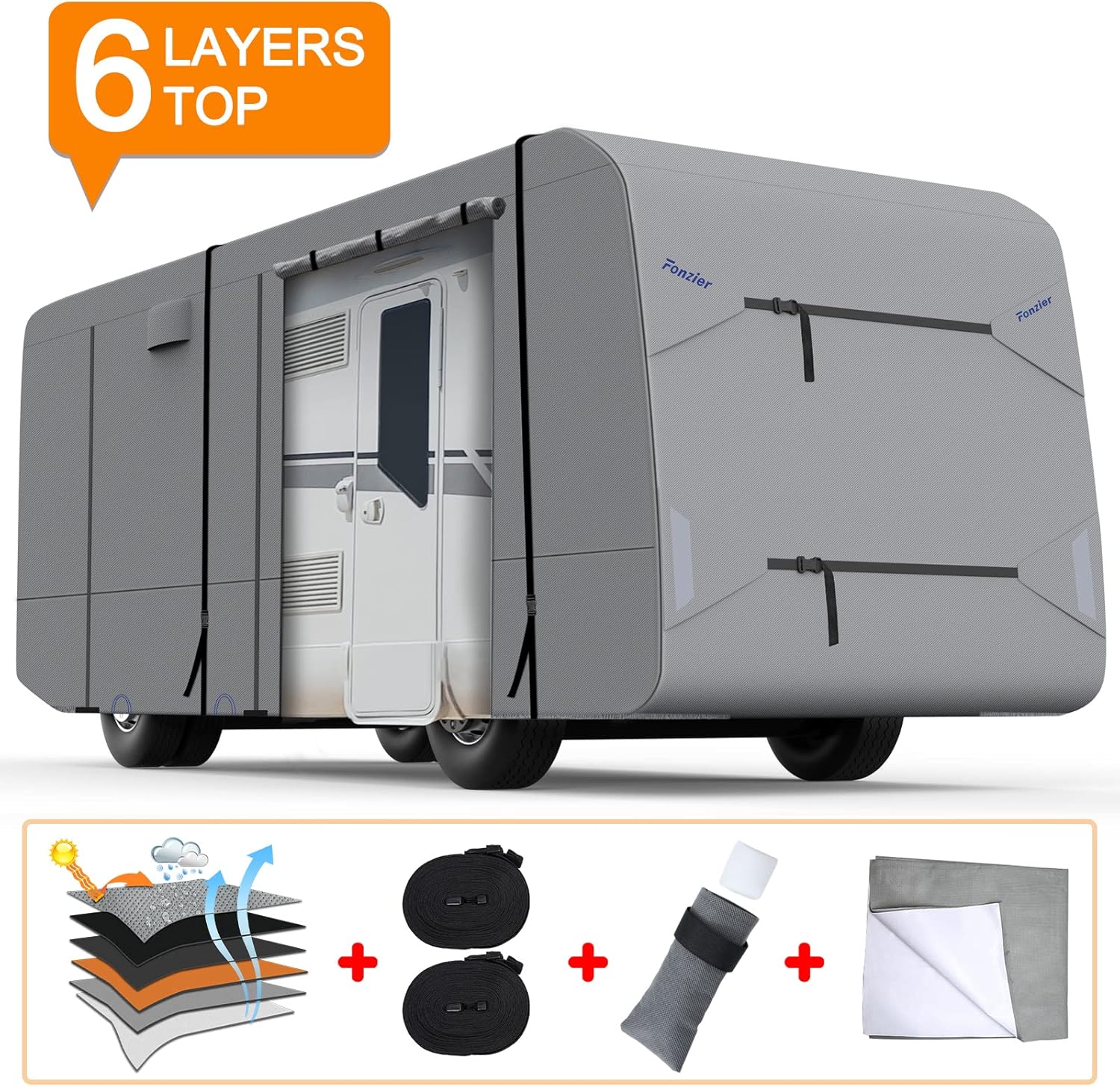 RV Cover for 34’-38’ Motorhome with 2Pcs Extra Straps & Gutter Spout Covers F542