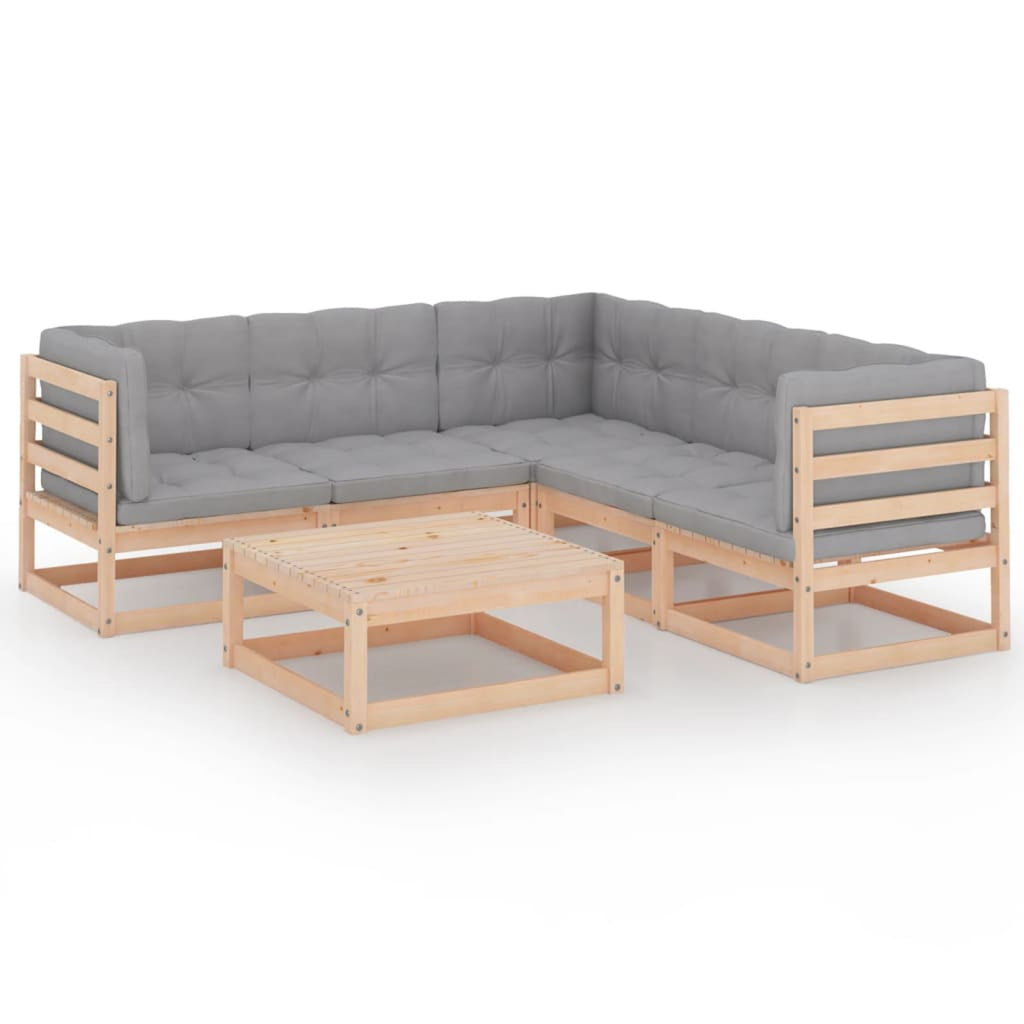 6 Piece Gray Cushioned Pinewood Patio Lounge Set Z92813