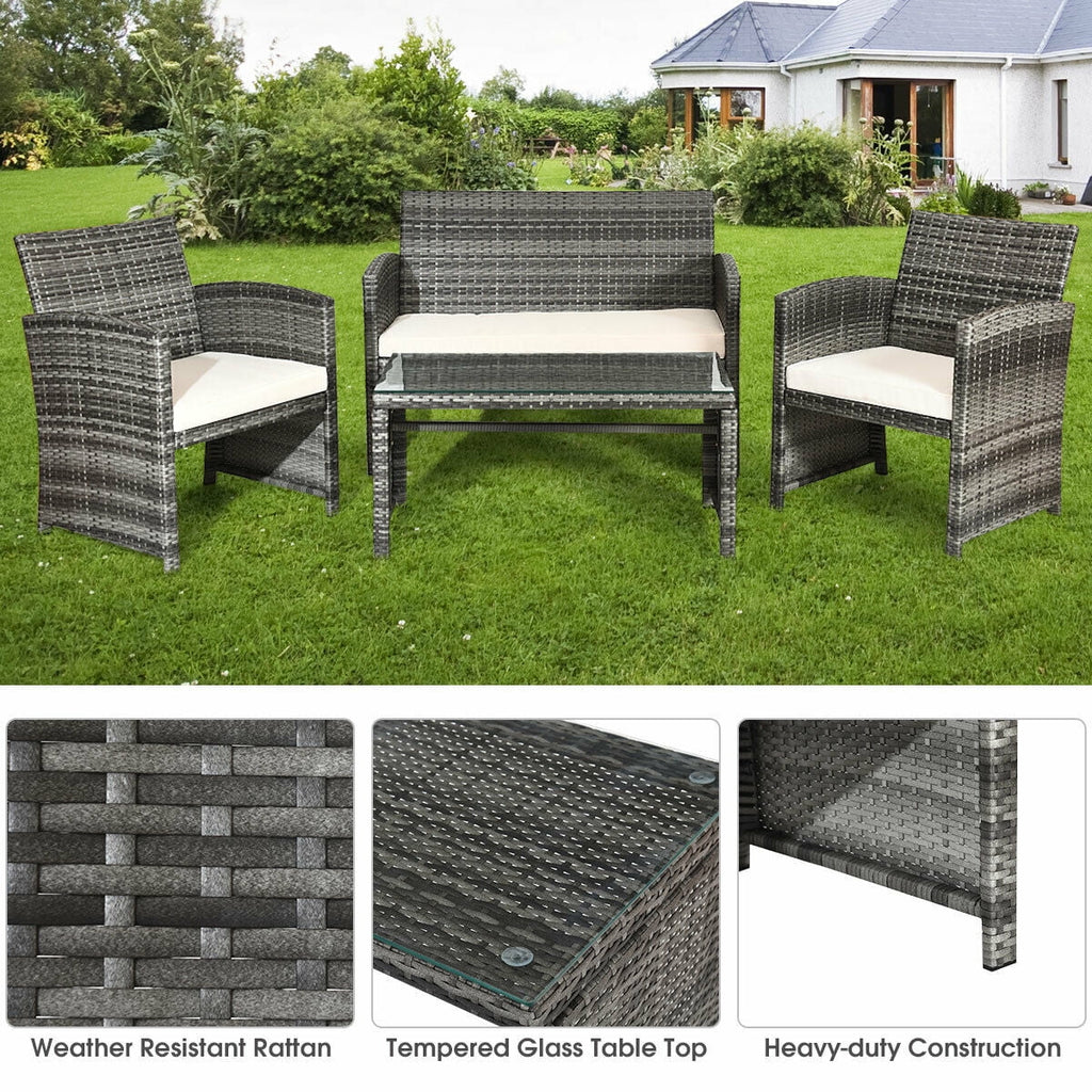 White Rattan Patio Furniture Set with Glass Table Top Cushioned Sofa E41089
