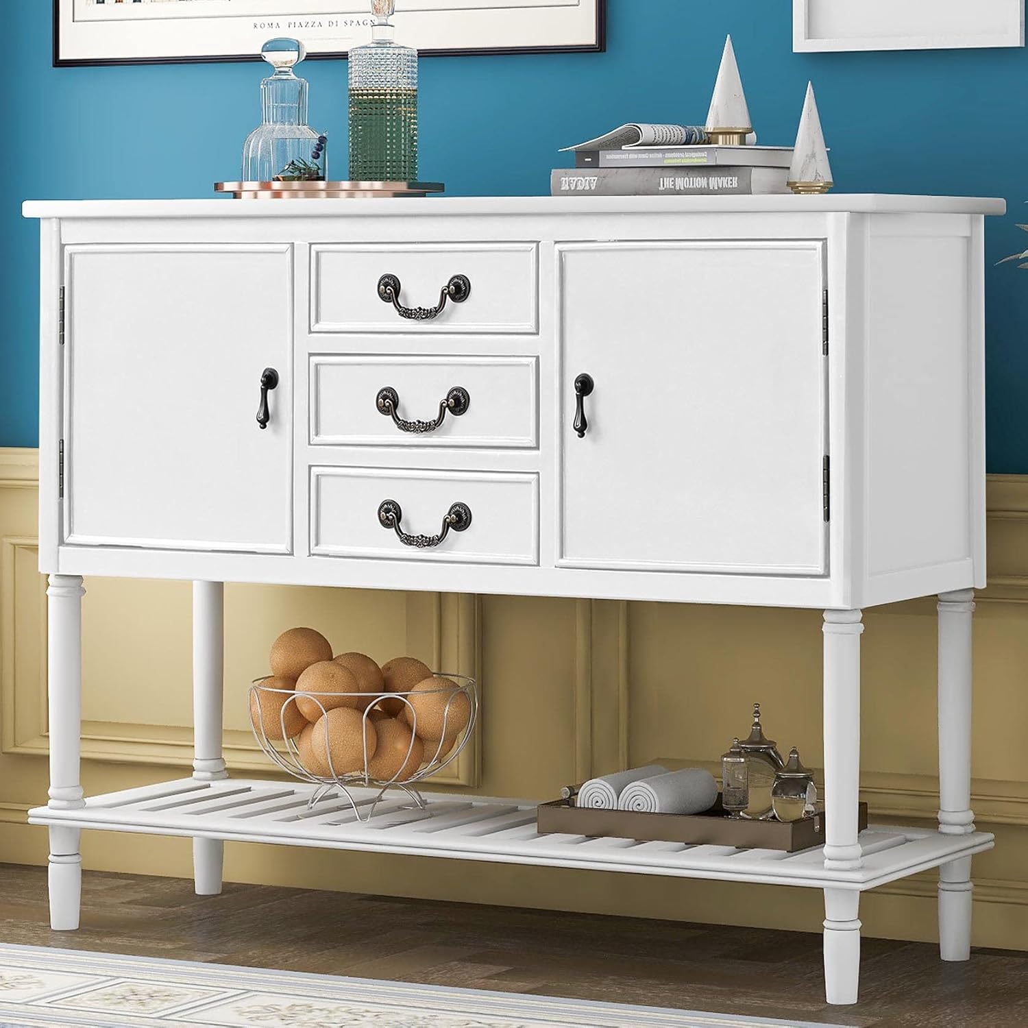 Light Green Wood Console Sofa Table with Drawers and Open Shelf J863