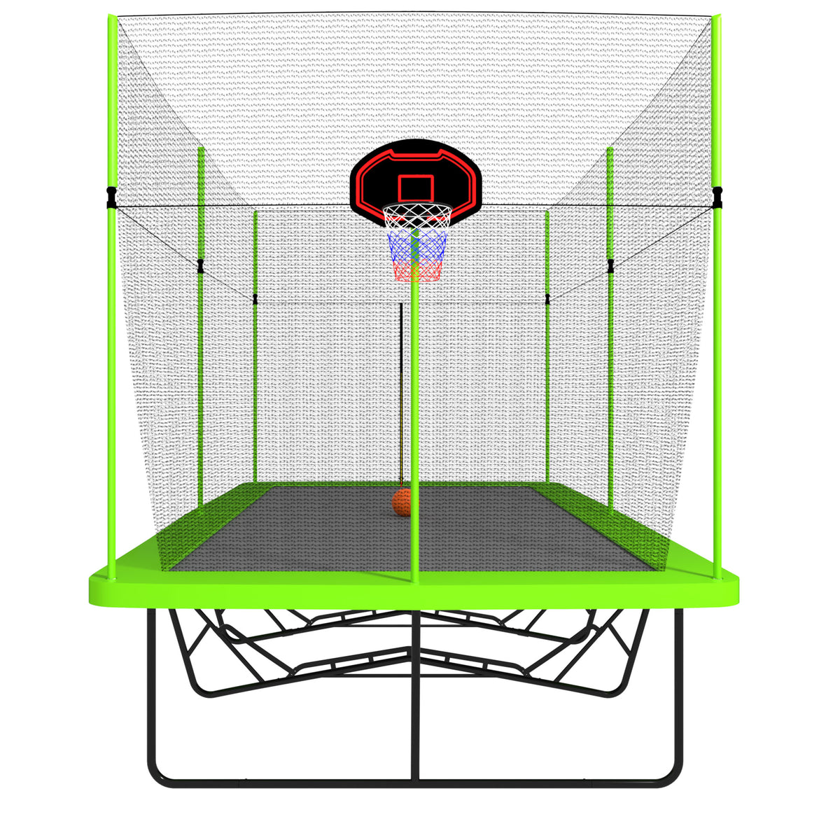 10ft by 17ft Rectangular Trampoline with Green Fabric Black Galvanized Steel Tubes with Basketball Hoop System Ladder K47829