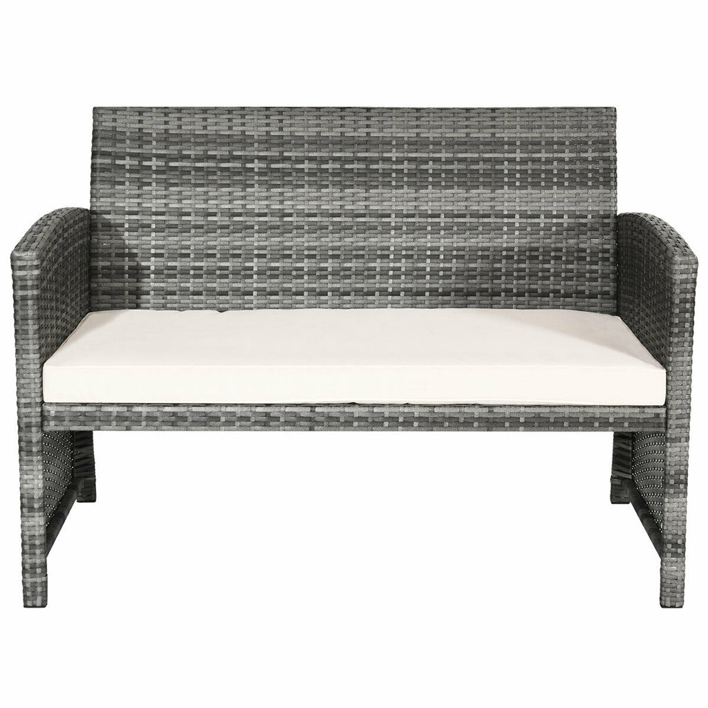 White Rattan Patio Furniture Set with Glass Table Top Cushioned Sofa E41089