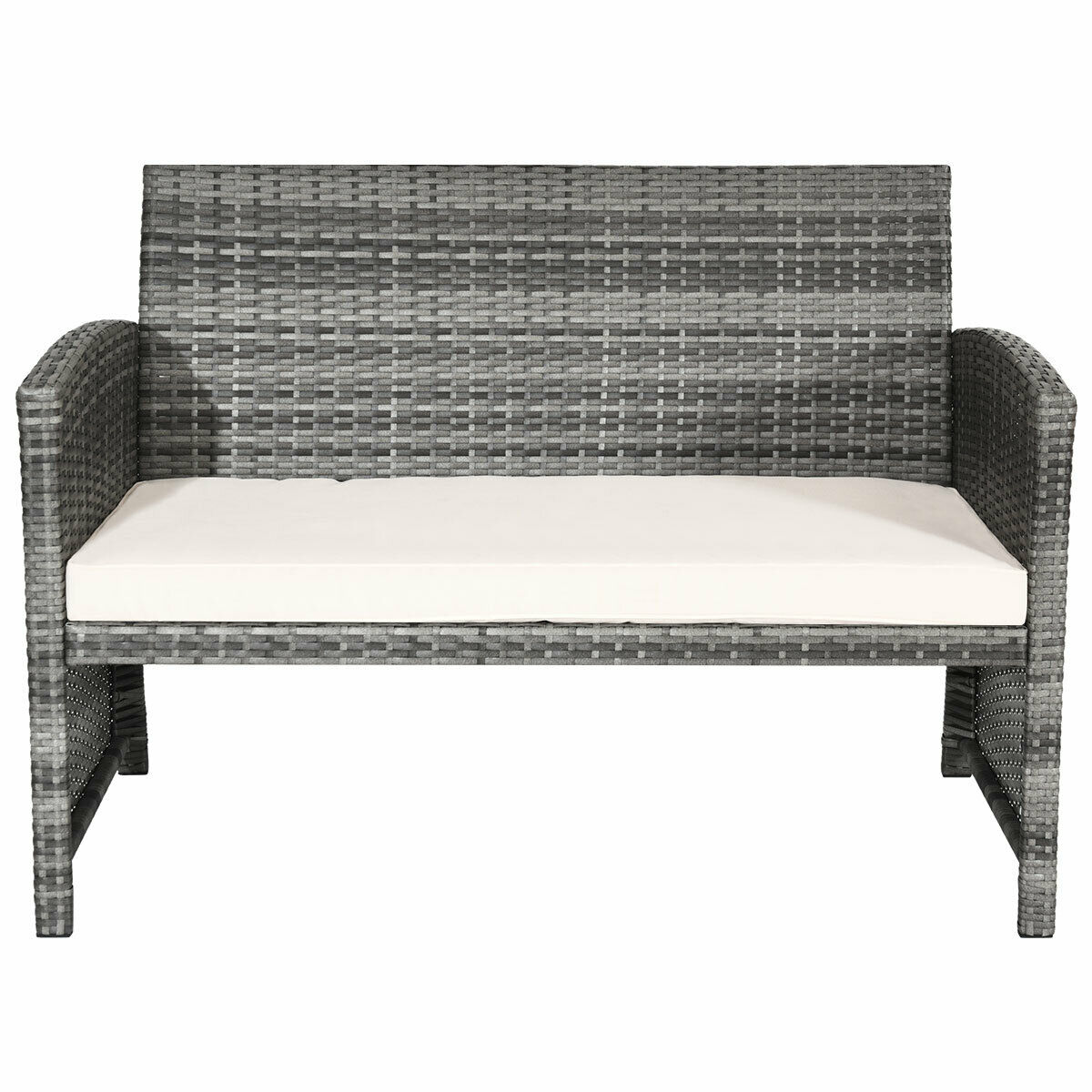 White Rattan Patio Furniture Set with Glass Table Top Cushioned Sofa E41089