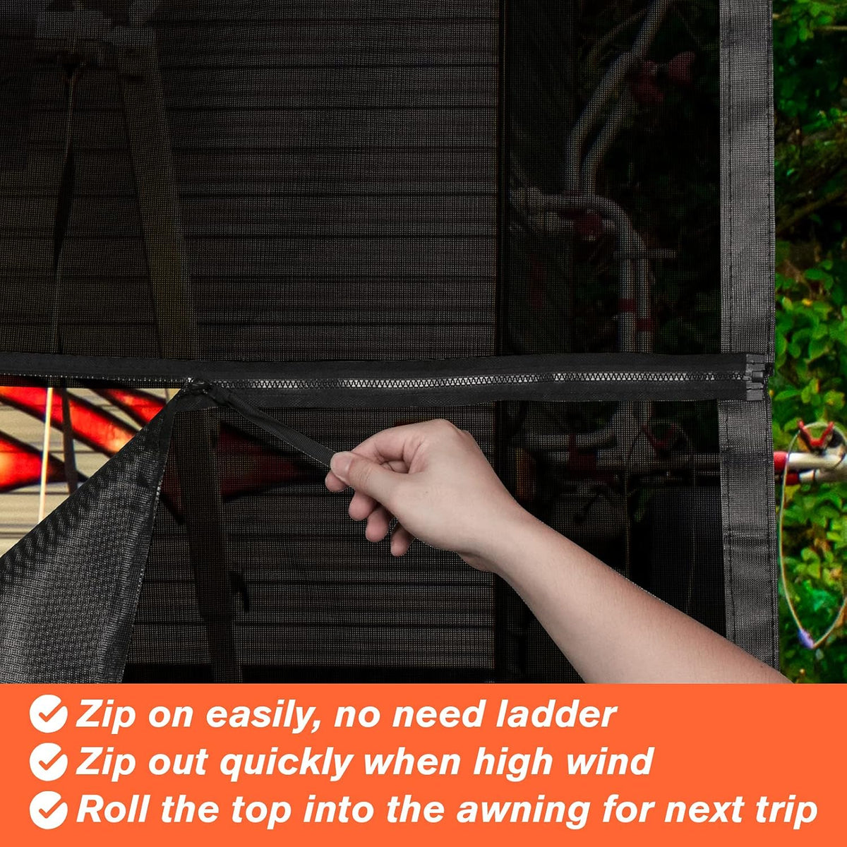 RV Awning Sun Shade Screen with Zipper, 9'X15' Black Mesh Camper Sunshade Y887