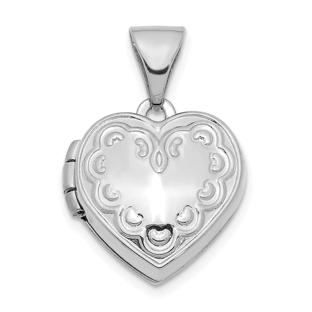 14K White Gold Rhodium Plated Textured Heart Locket Pendant Charm X808