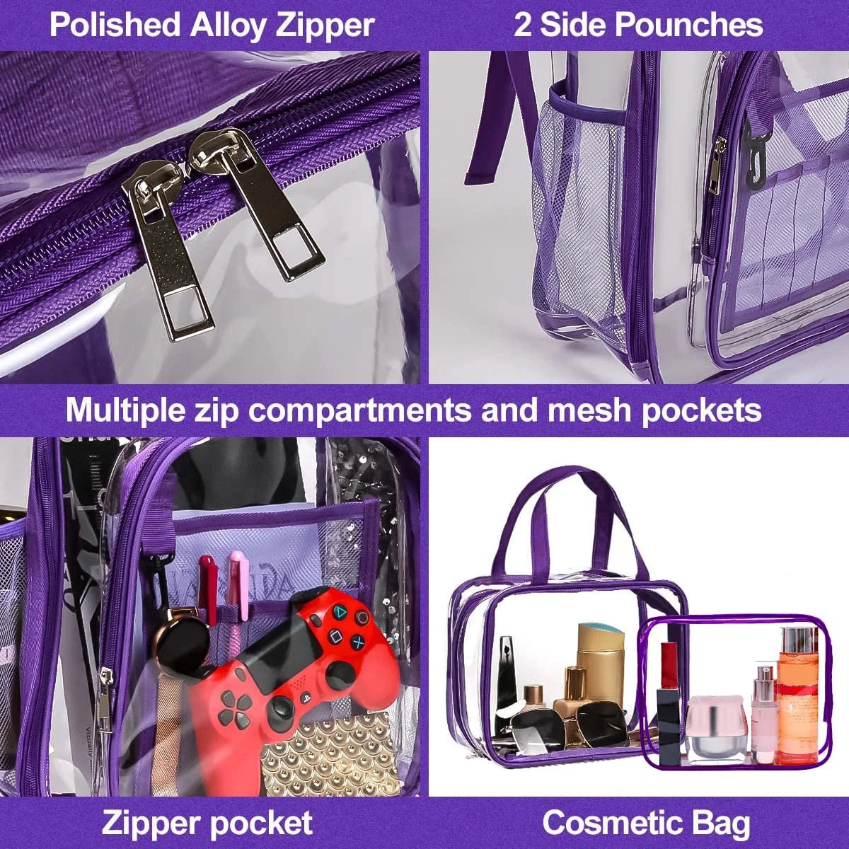 Purple 3pcs Waterproof Clear PVC Backpack Set with Reinforced Padded Straps G276