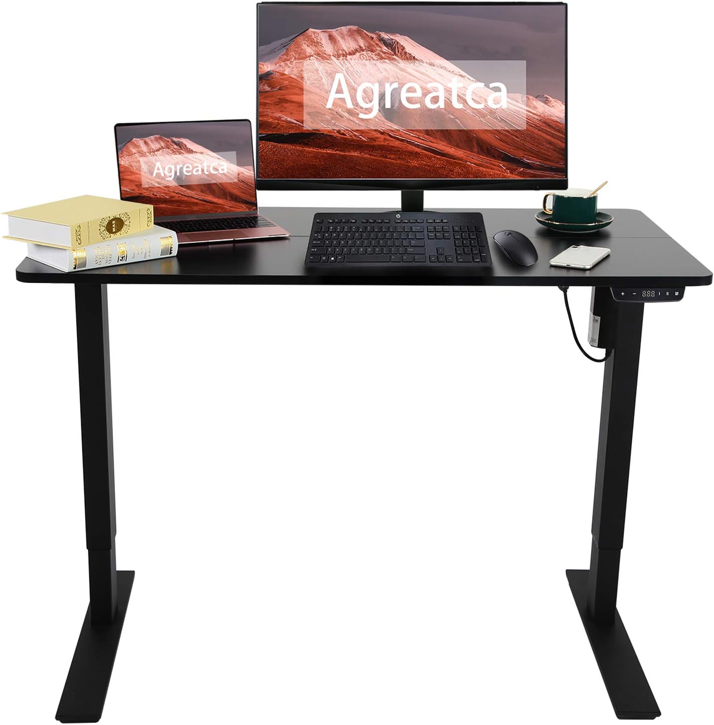 Electric Standing Desk Adjustable Height 55 x 28 Inch Sit Stand Desk with Desk Hooks Cable Management Tray Wood Monitor Stand File Bag Cup Holder K9506