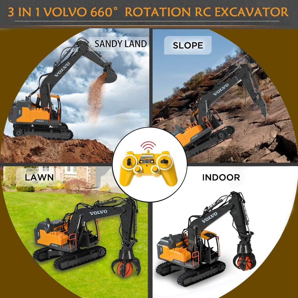 3 in 1 RC Excavator Construction Truck Metal Shovel and Drill 1/16 Scale Remote Control Excavator F730