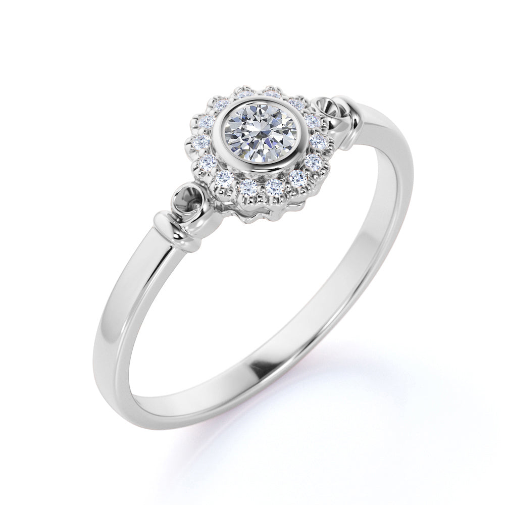 0.63 ct Bezel Set Round Cut Diamond Halo Engagement Ring in 10K White Gold E530470
