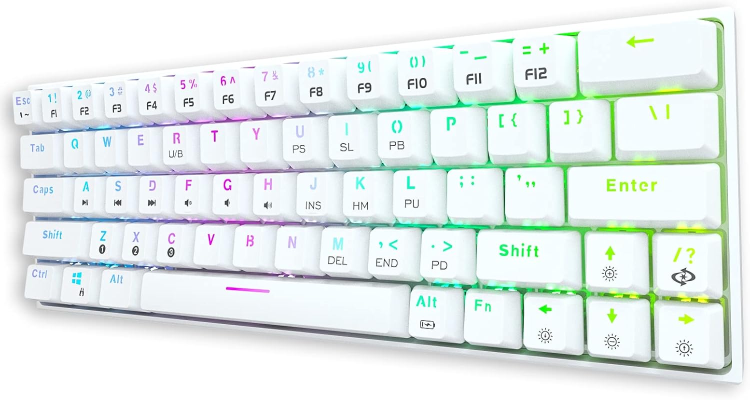 Wireless Wired 60% Mechanical Keyboard with Arrow Keys, Bluetooth 5.1, True RGB Backlit, 1900mAh Battery (White, Red Switch) O370711