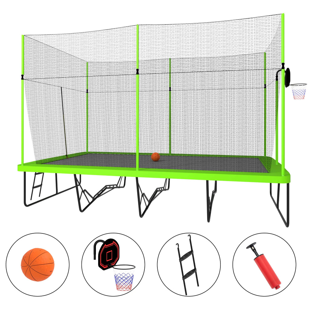 10ft by 17ft Rectangular Trampoline with Green Fabric Black Galvanized Steel Tubes with Basketball Hoop System Ladder K47829