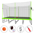 10ft by 17ft Rectangular Trampoline with Green Fabric Black Galvanized Steel Tubes with Basketball Hoop System Ladder K47829
