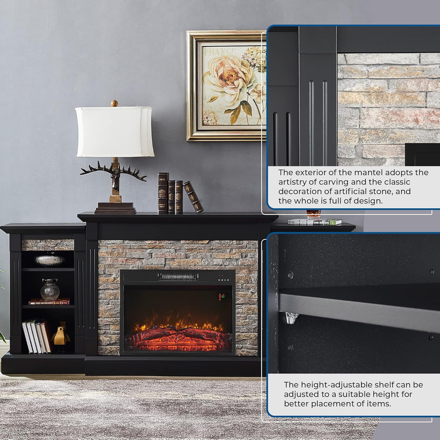 Electric Fireplace Mantel Freestanding Media Stand with 3 Cabinet Bookcase Shelf and Remote Control R91210