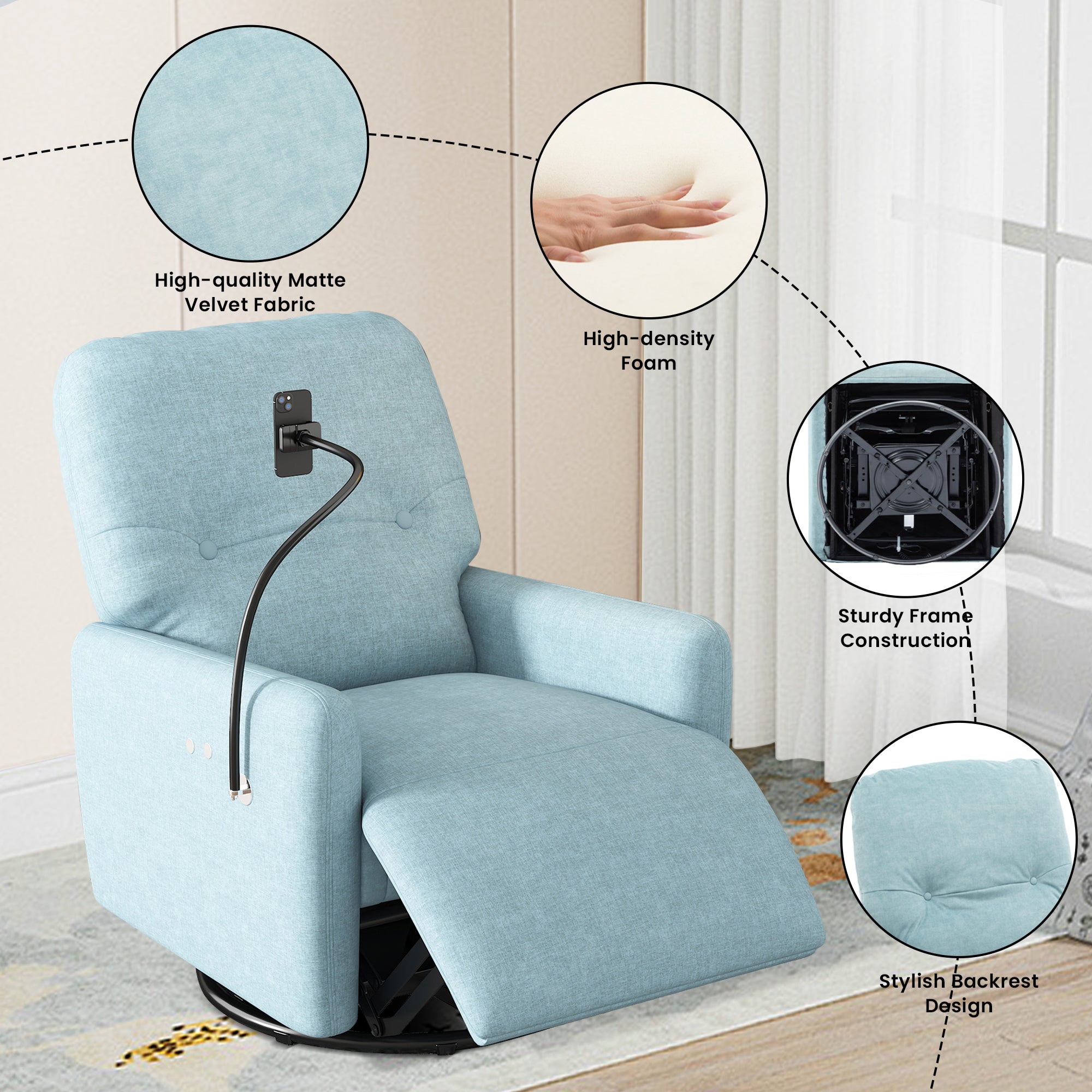 Blue 270 Degree Swivel Electric Recliner Chair with Phone Holder S5746