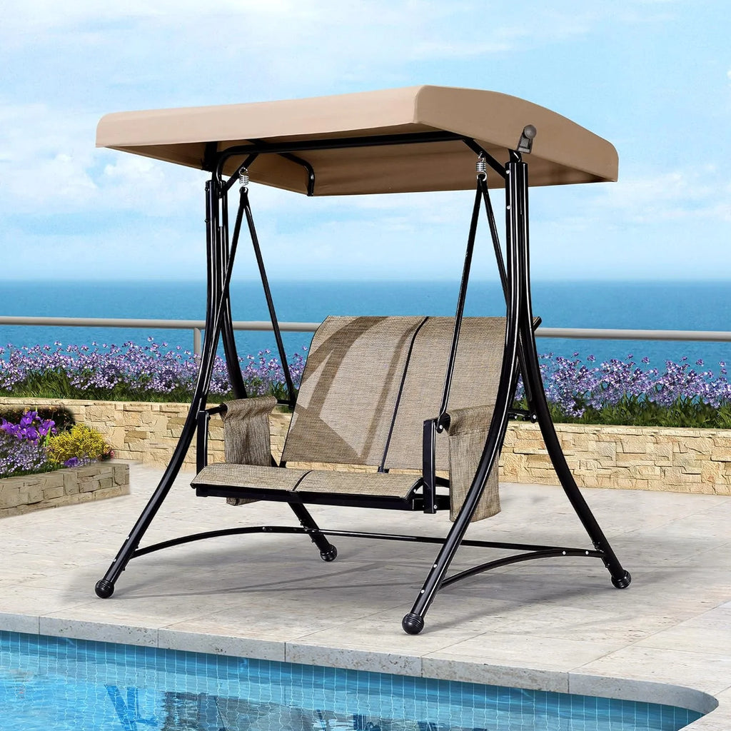Beige 2-Seat Outdoor Patio Swing with Steel Frame W42916