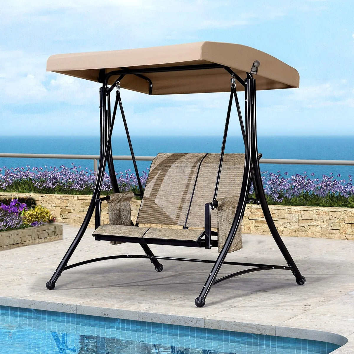 Beige 2-Seat Outdoor Patio Swing with Steel Frame W42916