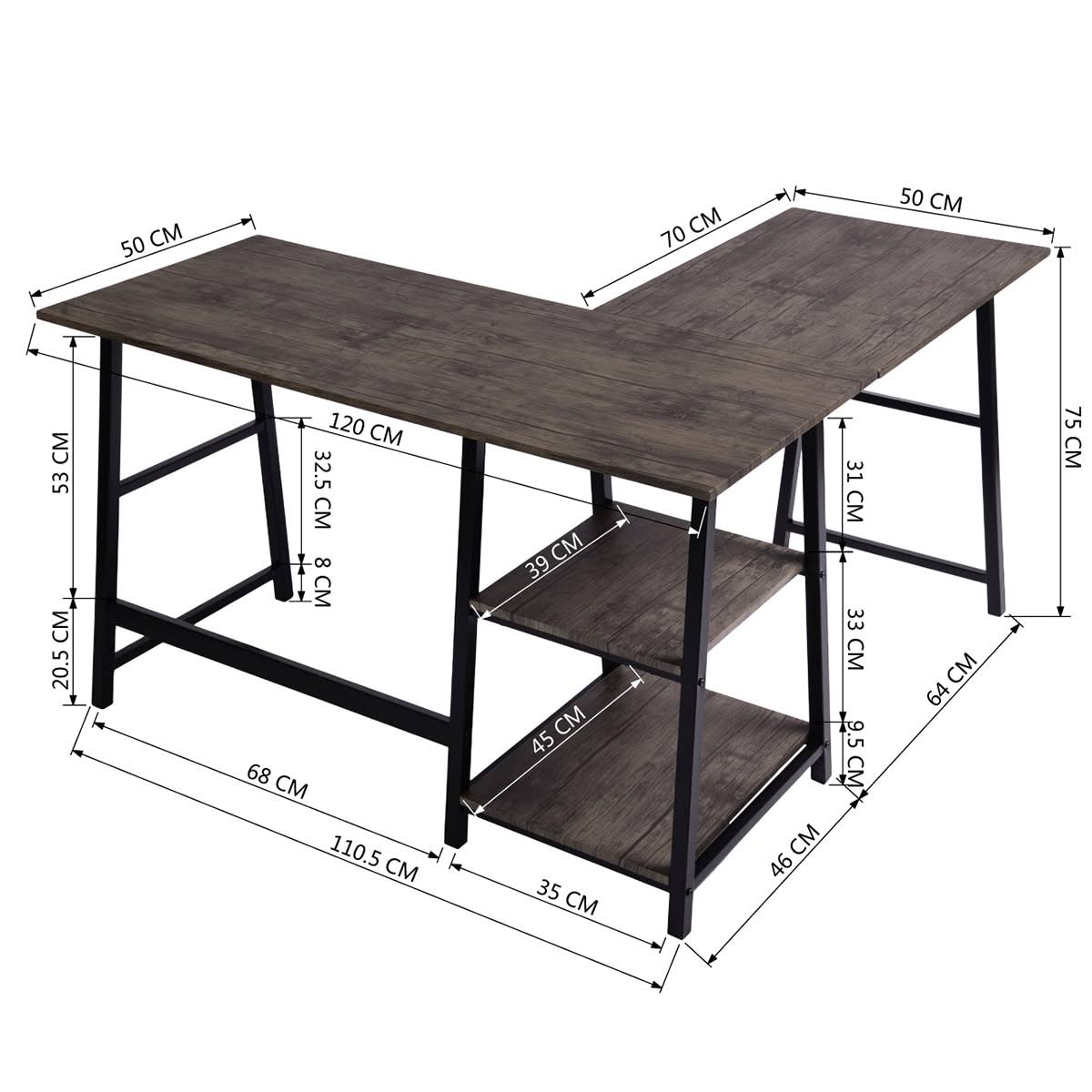Industrial L-Shaped Corner Computer Desk with Shelf H36892