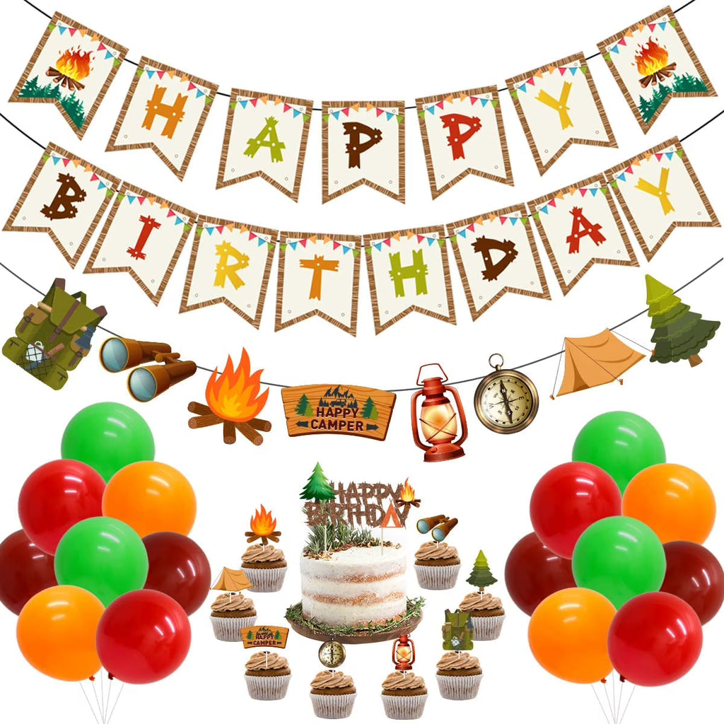 Camping Party Decoration Kit with Banner, Garland, Balloons, Cake Toppers D755