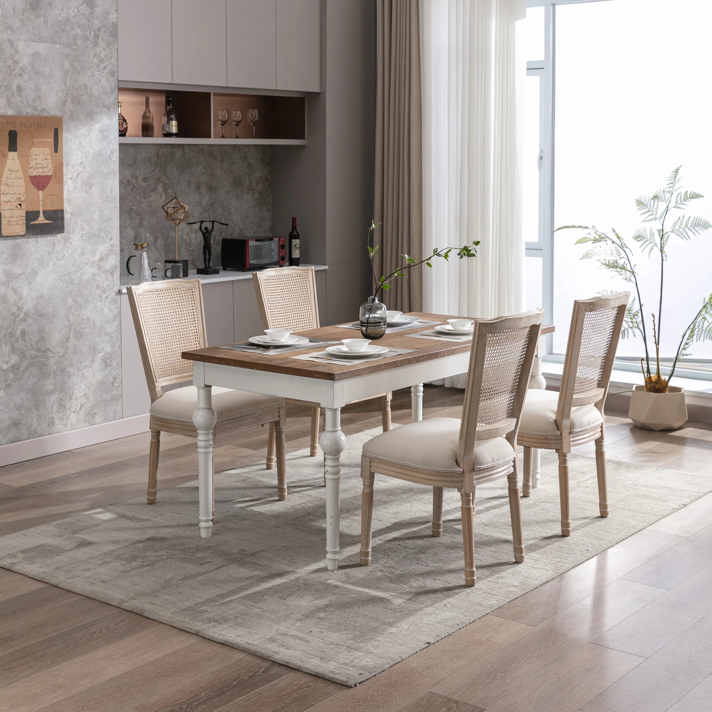 Cream Linen Fabric Rattan Back Dining Chair, Set of 2 K77266