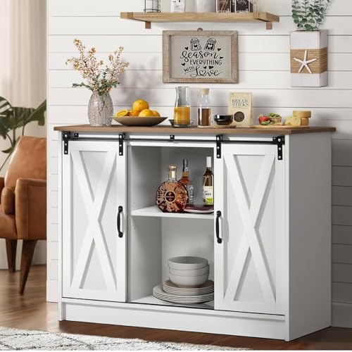 Coffee Bar Cabinet with Sliding Barn Doors, 42” Sideboard Buffet Cabinet with Storage, Espresso V754