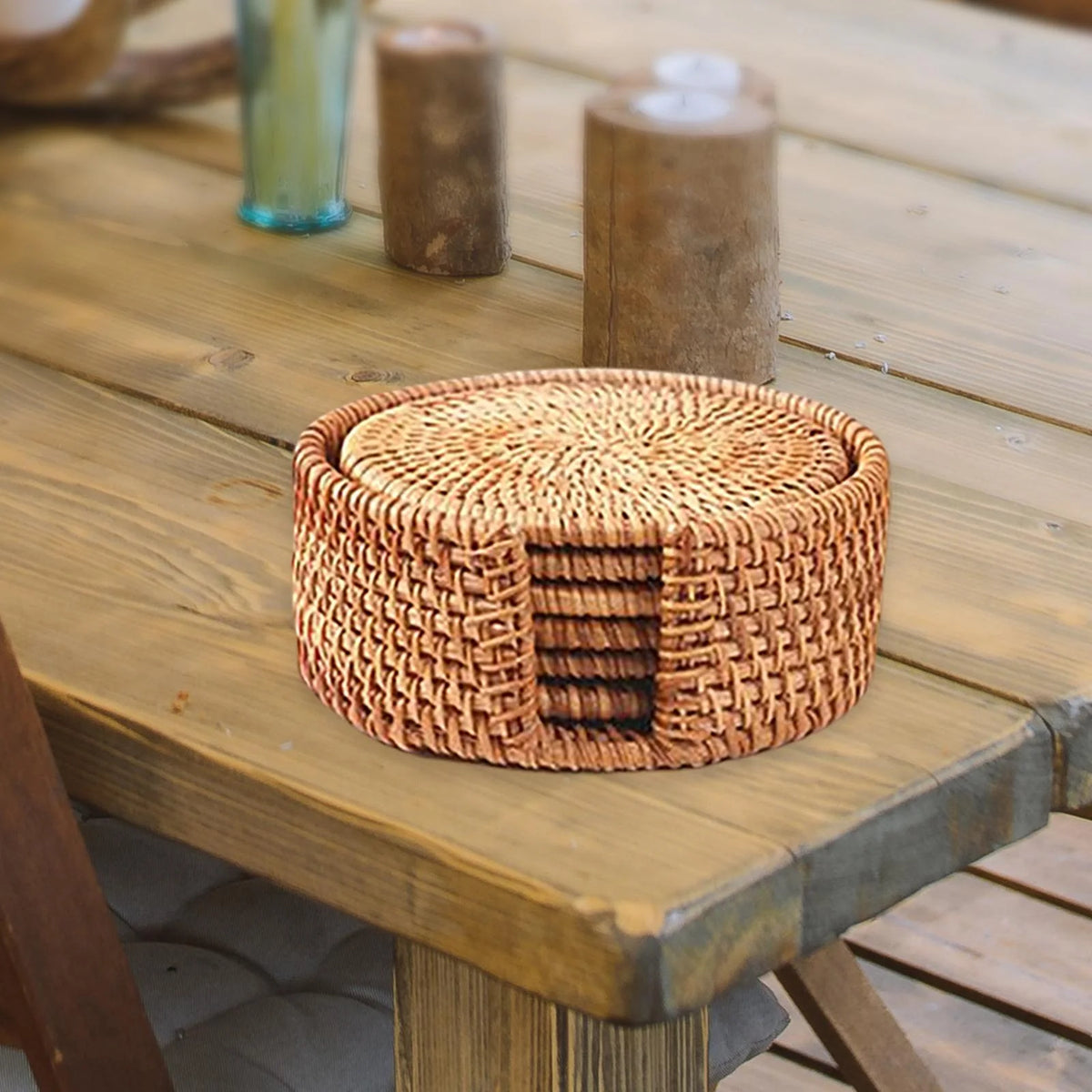 6x Round Rattan Coasters with Holder O520756
