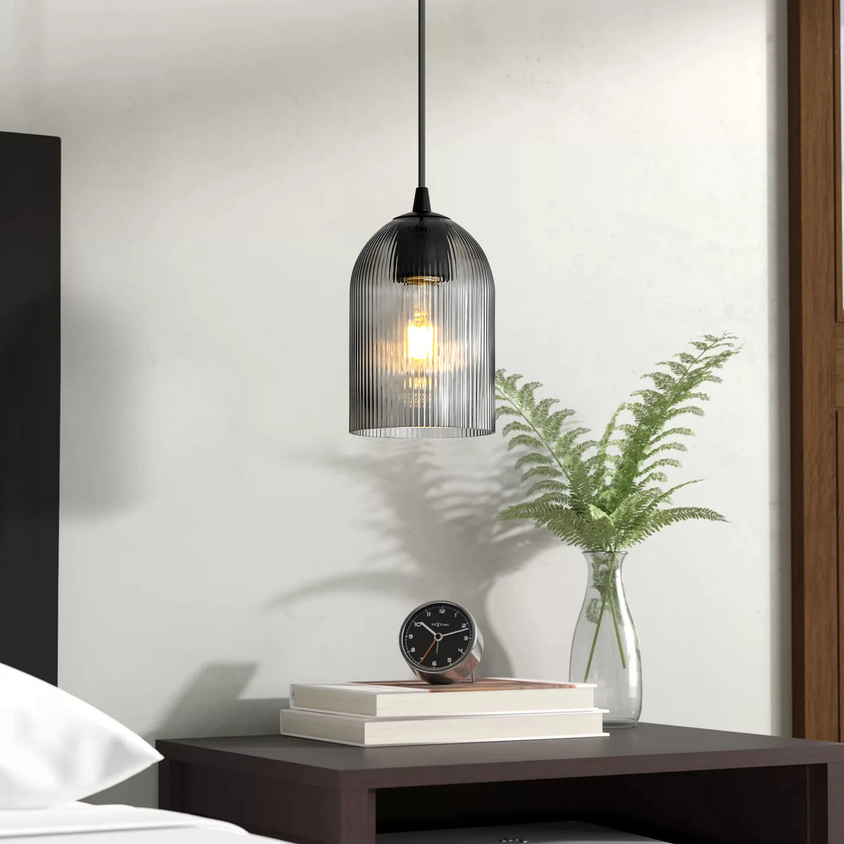 1-Light Dimmable Ribbed Glass Industrial Pendant J83929
