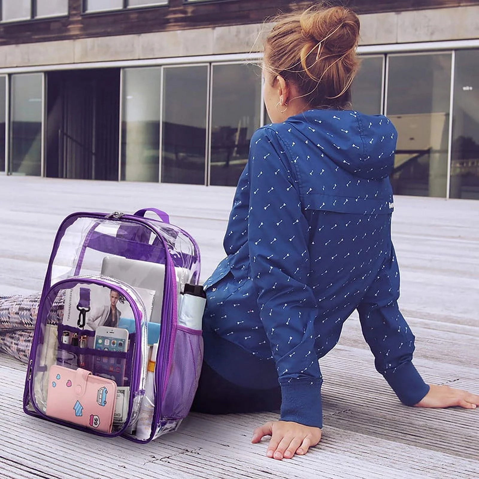 Purple 3pcs Waterproof Clear PVC Backpack Set with Reinforced Padded Straps G276