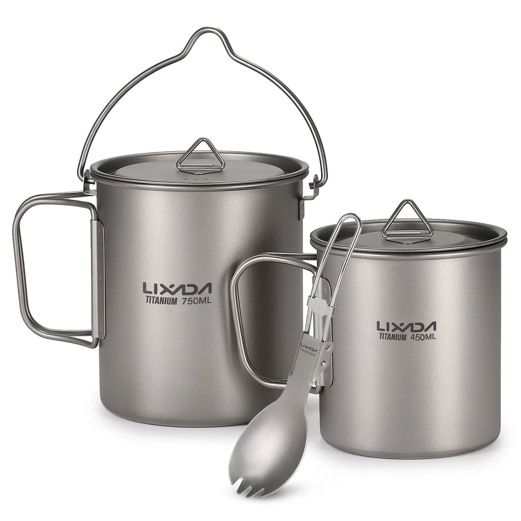 Titanium 3 Pieces Set 750ml Pot 450ml Cup with Lid Folding Spork S9763