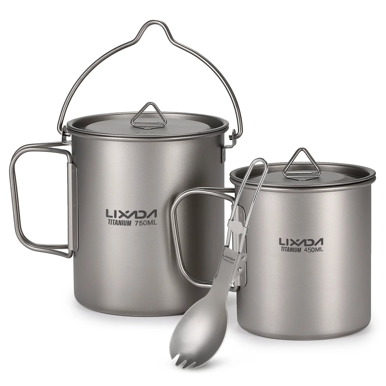 Titanium 3 Pieces Set 750ml Pot 450ml Cup with Lid Folding Spork S9763