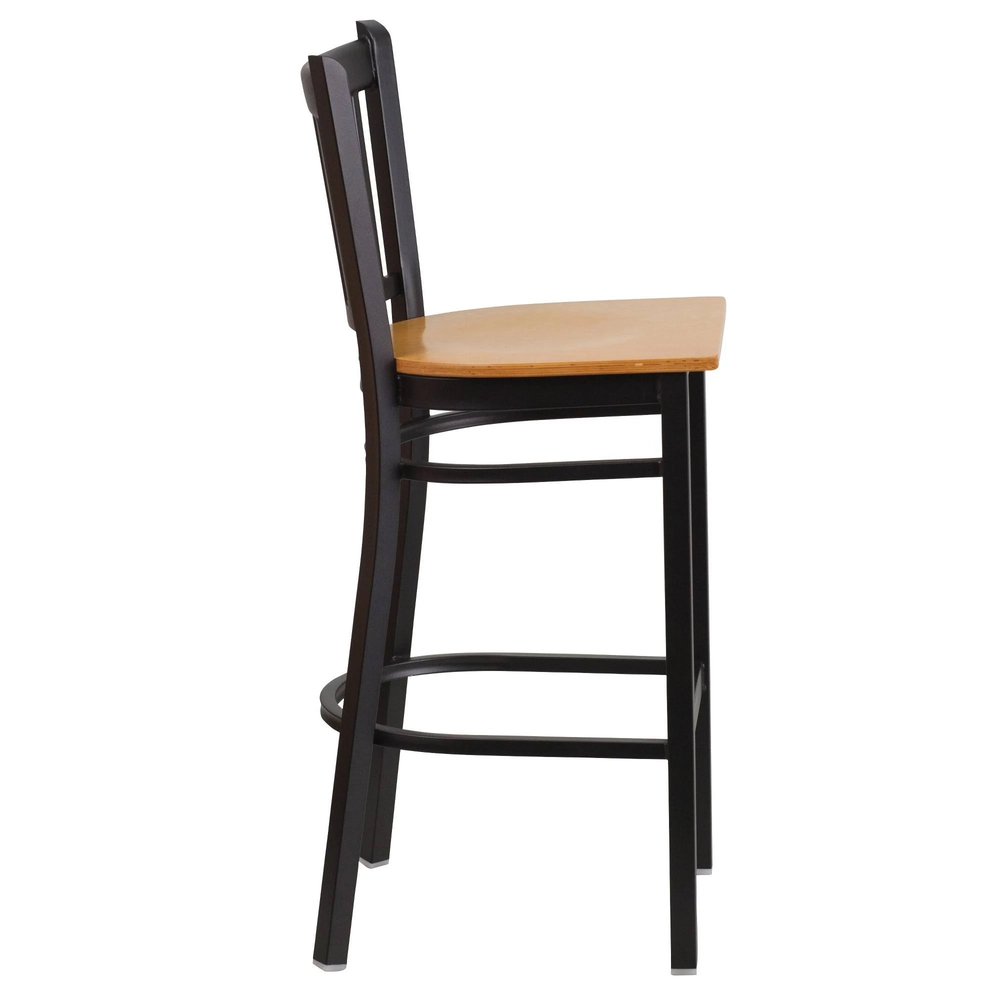 Black Vertical Back Metal Restaurant Barstool with Natural Wood Seat Z558