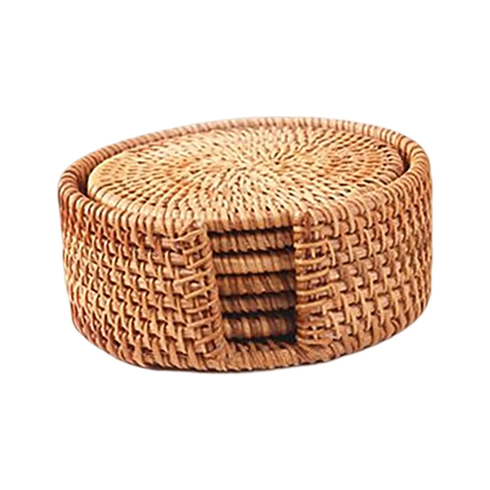 6x Round Rattan Coasters with Holder O520756