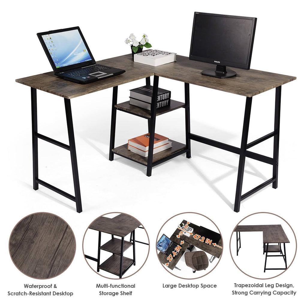 Industrial L-Shaped Corner Computer Desk with Shelf H36892