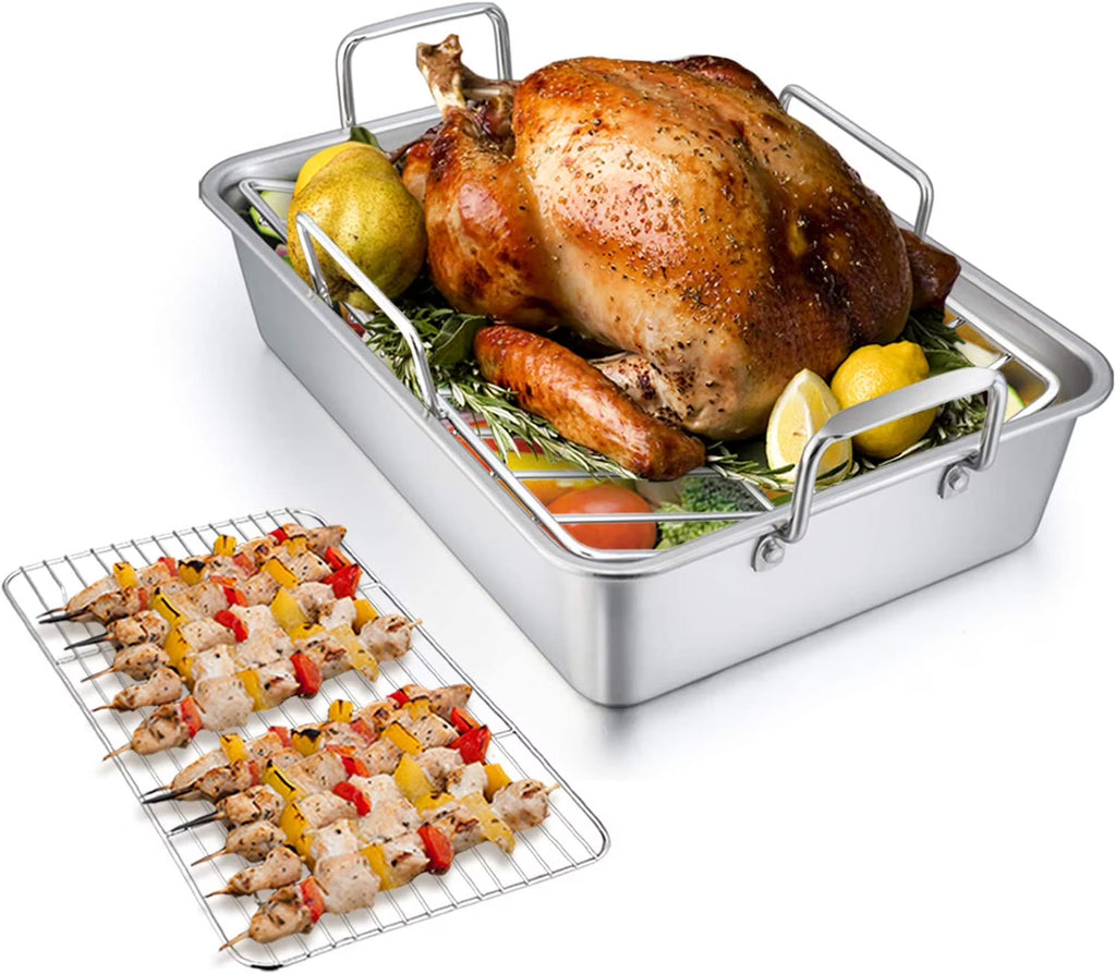 Stainless Steel Roasting Pan with Rack, 17'' x 11.5'' x 5.5'' O956