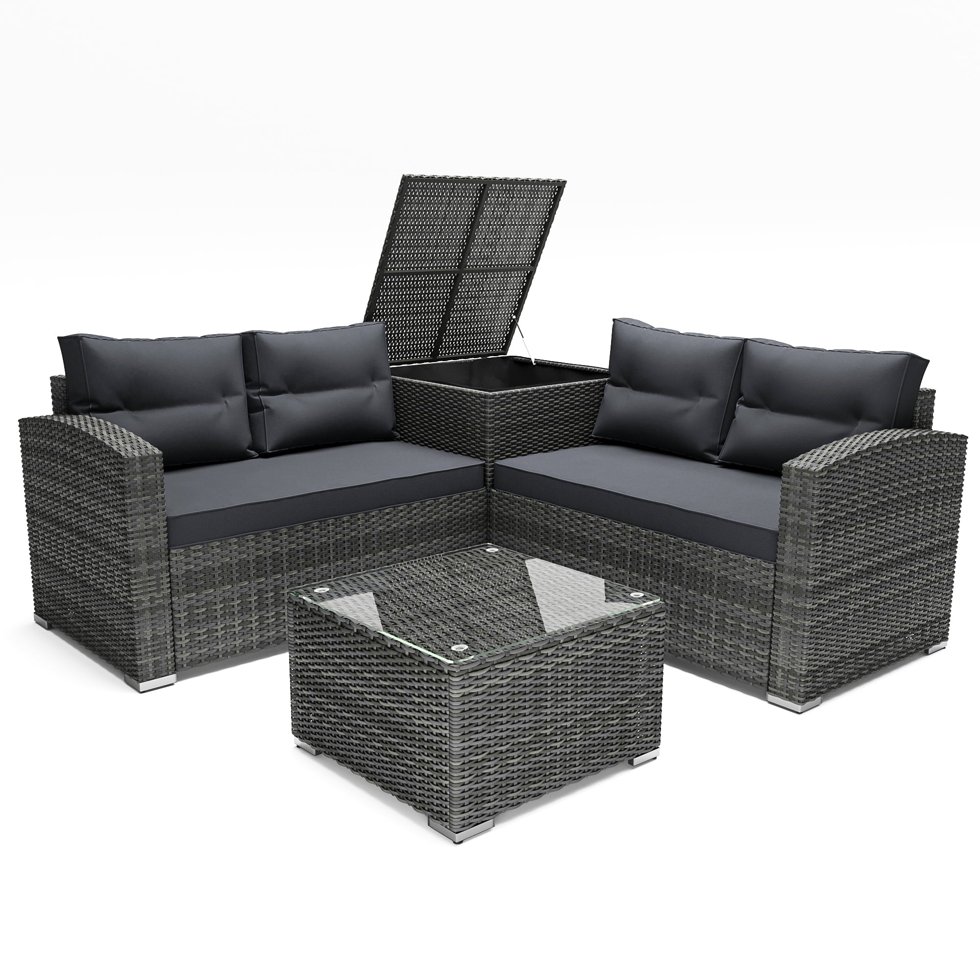 4 Pieces PE Rattan Sectional Sofa Set with Glass Table N90358