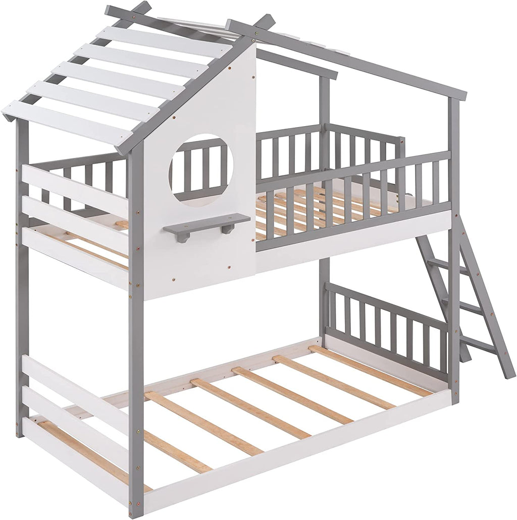 Gray Wood Kids House Bed with Roof and Ladder Q707301