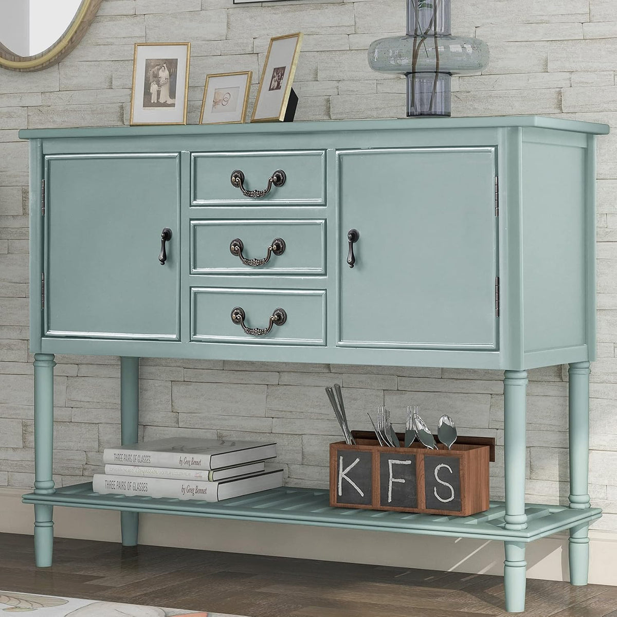 Light Green Wood Console Sofa Table with Drawers and Open Shelf J863