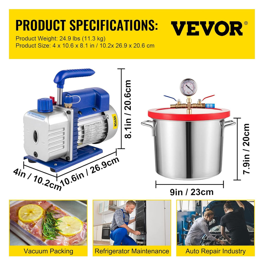 Vacuum Chamber Kit with Pump, 4CFM 1/3HP, 2 Gallon B831