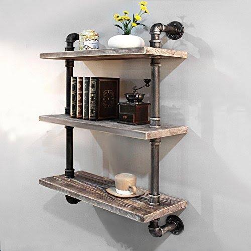 Industrial Pipe Bookcase Wall Shelf, Rustic Floating Wood Shelves 24'' X952
