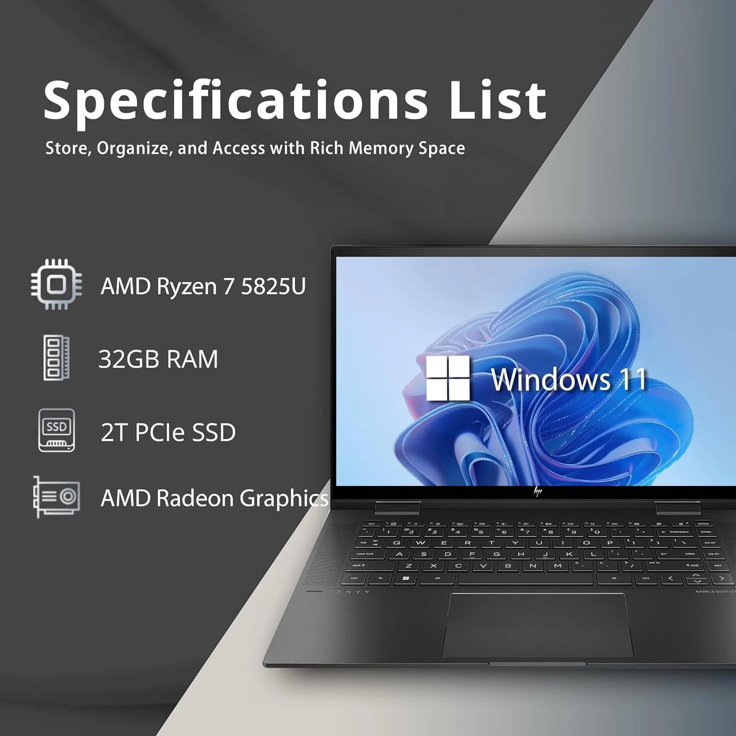 HP Envy x360 2-in-1 15.6" Touchscreen Laptop, AMD Ryzen 7 5825U, 32GB RAM, 2TB PCIe SSD, Black (Renewed) L351