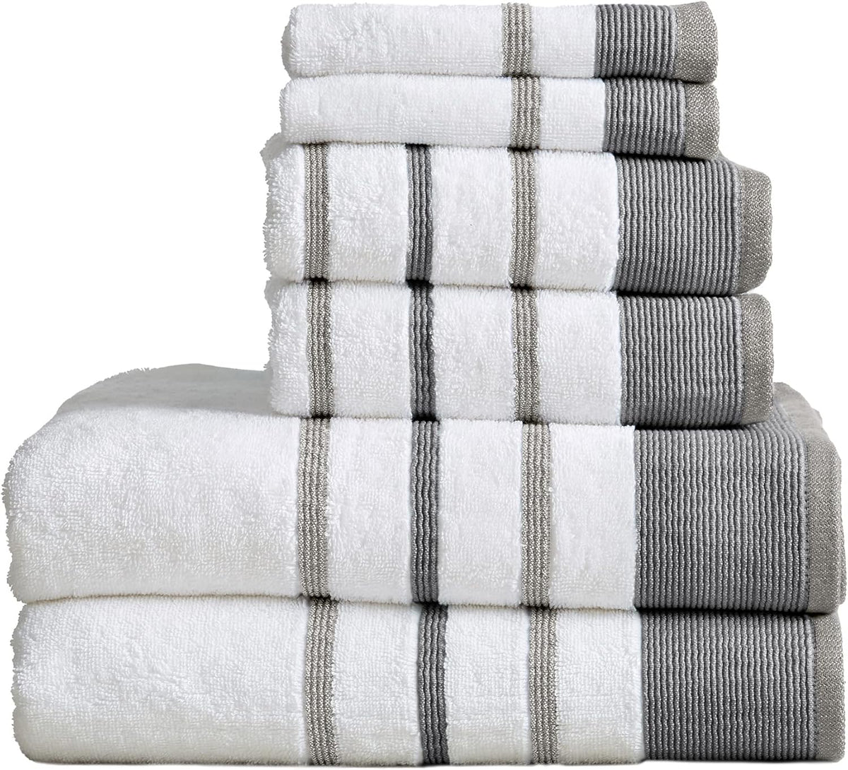 6 Piece Set White Tan Cotton Bath Towels R17687