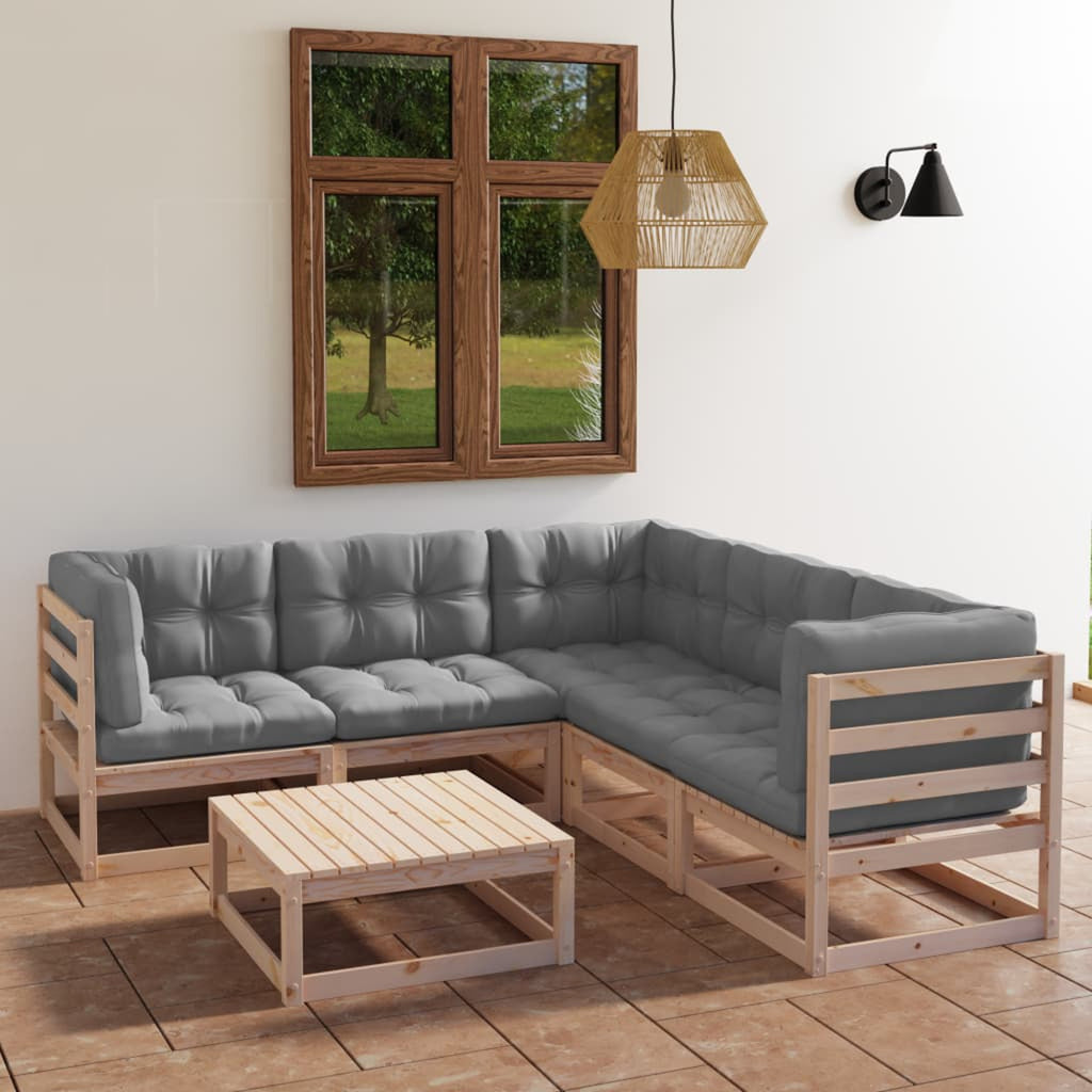 6 Piece Gray Cushioned Pinewood Patio Lounge Set Z92813