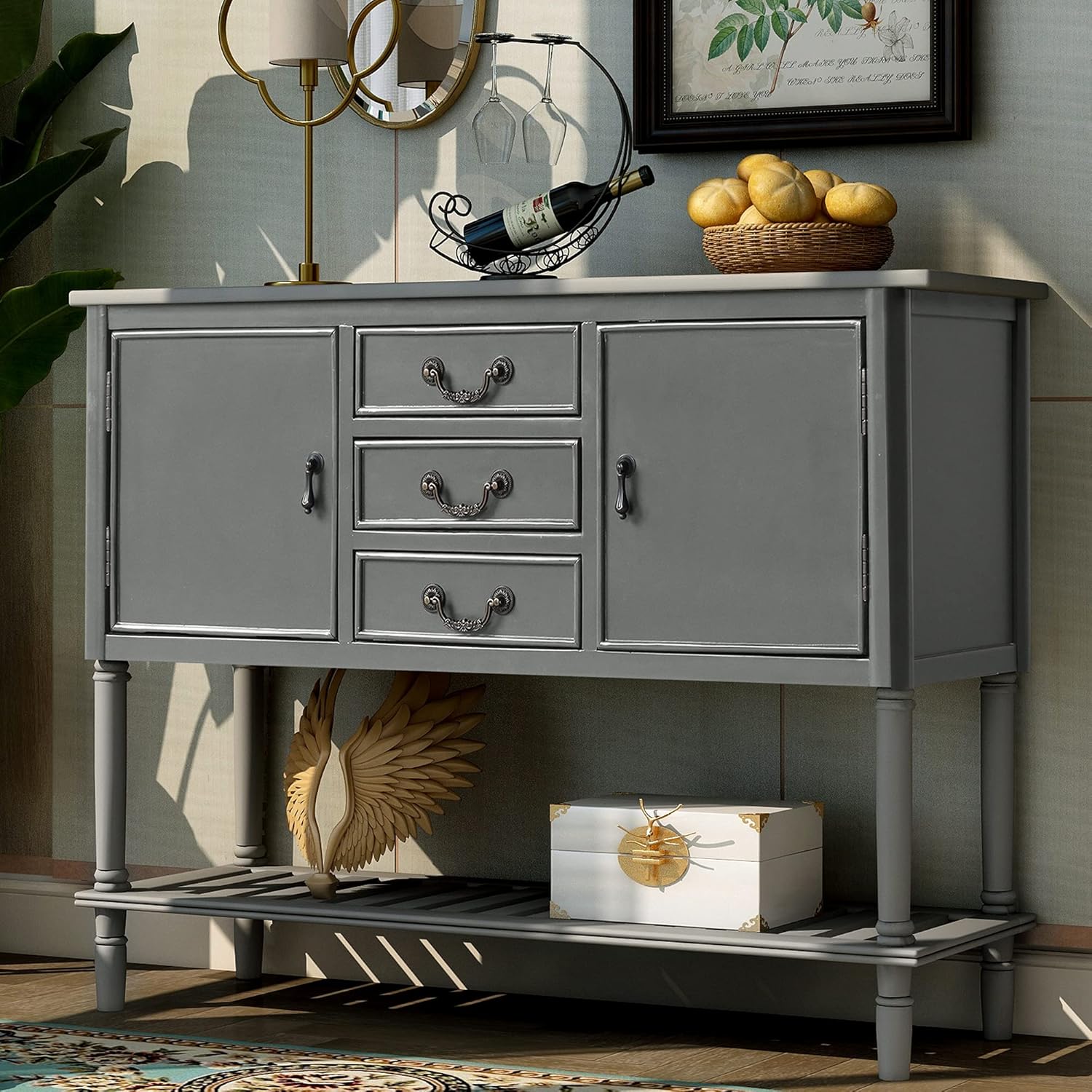 Light Green Wood Console Sofa Table with Drawers and Open Shelf J863