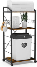 Large 3-Tier Mobile Printer Stand Utility Cart Rustic Wooden Adjustable Shelves with 8 Hooks Caster Wheels E94504