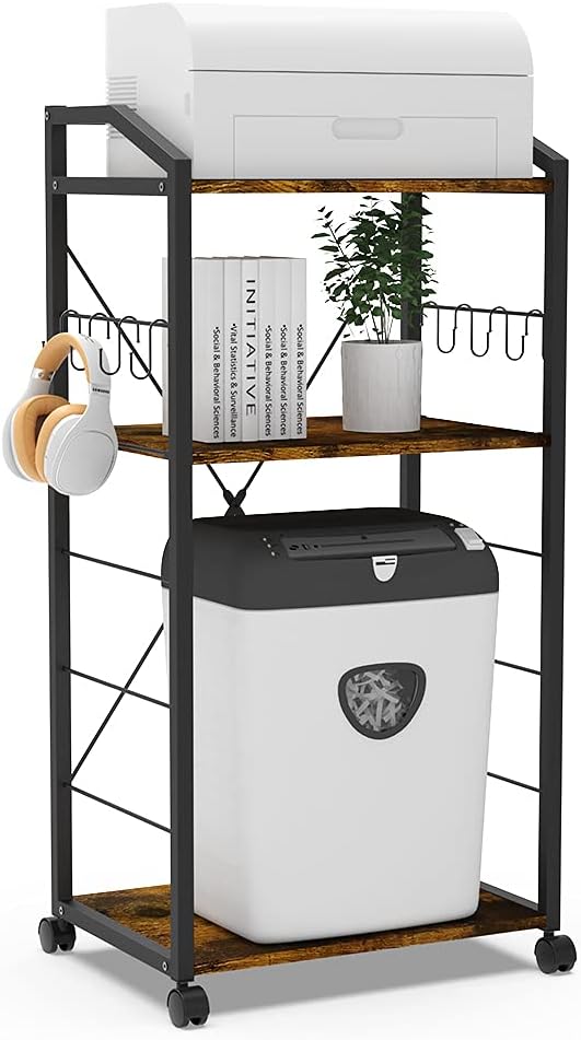 Large 3-Tier Mobile Printer Stand Utility Cart Rustic Wooden Adjustable Shelves with 8 Hooks Caster Wheels E94504