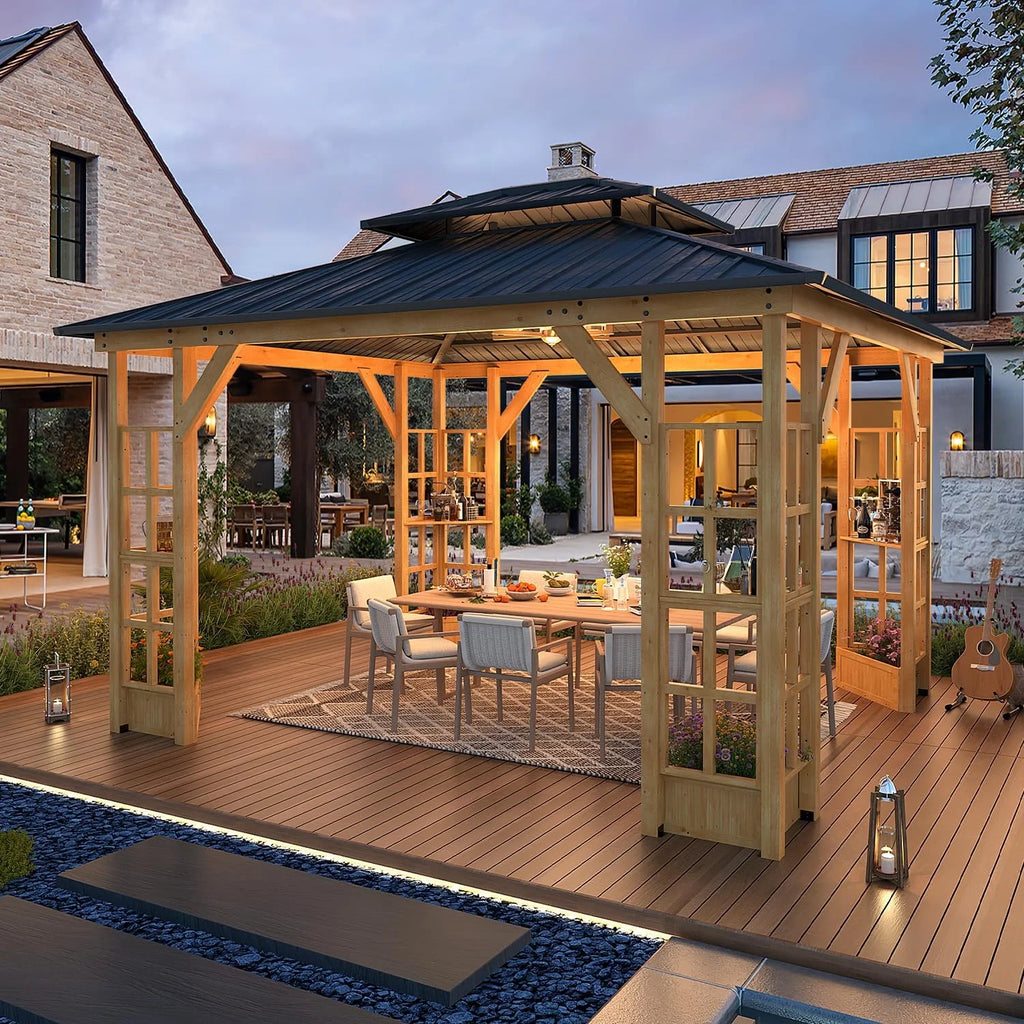 Wood Gazebo with Solid Wooden Frame and Double Roof Canopy T92991