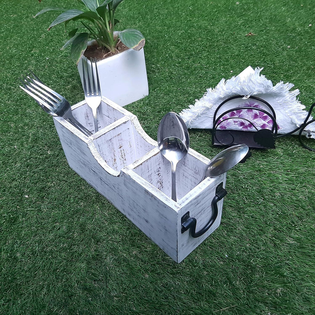 White Wood Silverware Holder Caddy V67253