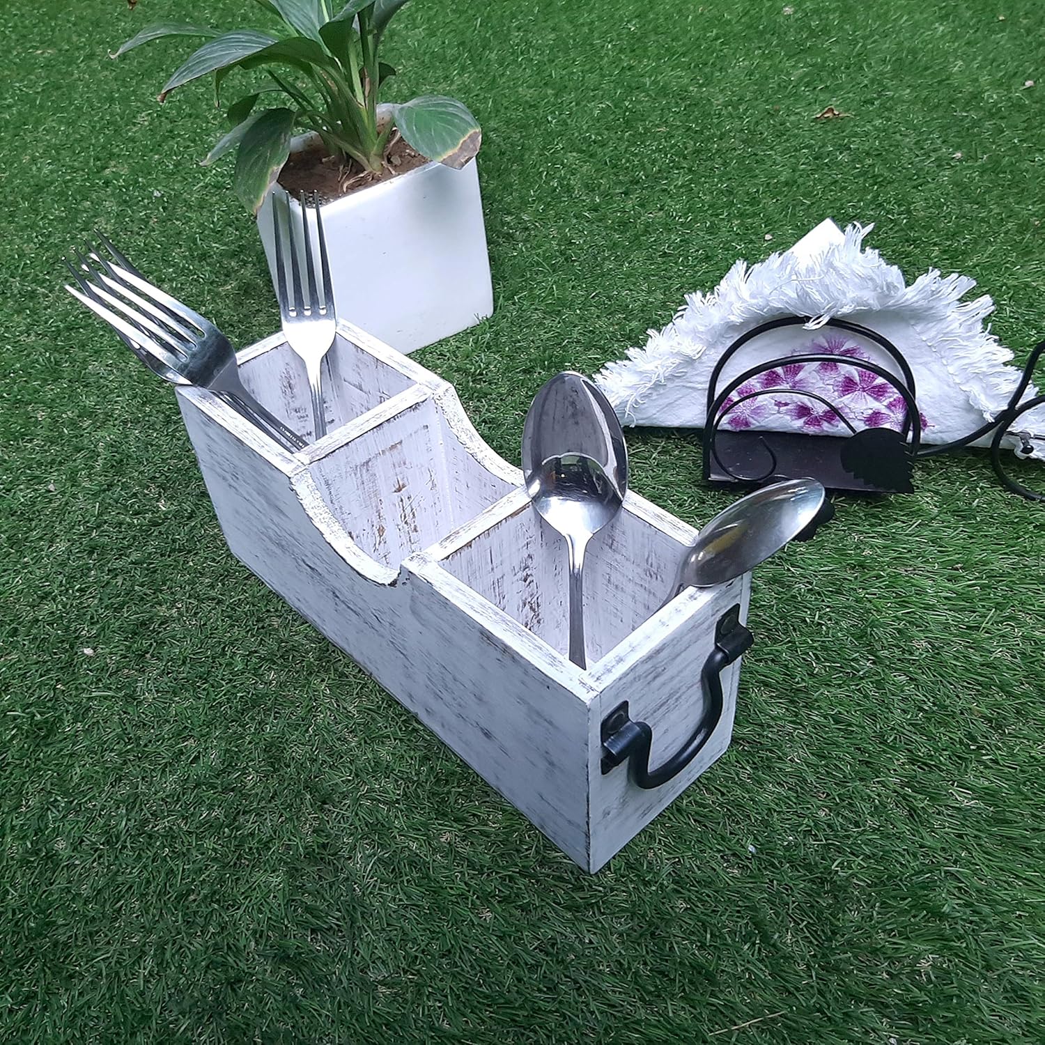 White Wood Silverware Holder Caddy V67253