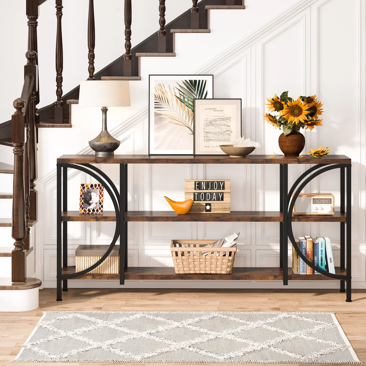 Rustic Brown 3 Tier Narrow Console Table with Storage Shelves V5765