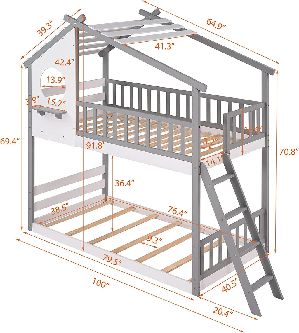 Gray Wood Kids House Bed with Roof and Ladder Q707301